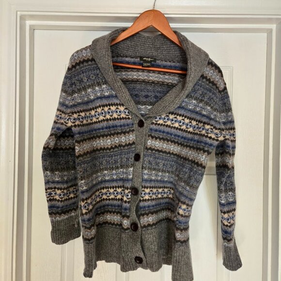 Eddie Bauer Fair Isle Lambswool Cardigan Sweater Gray Blue XXL (Fits M) Nordic P - Picture 2 of 8
